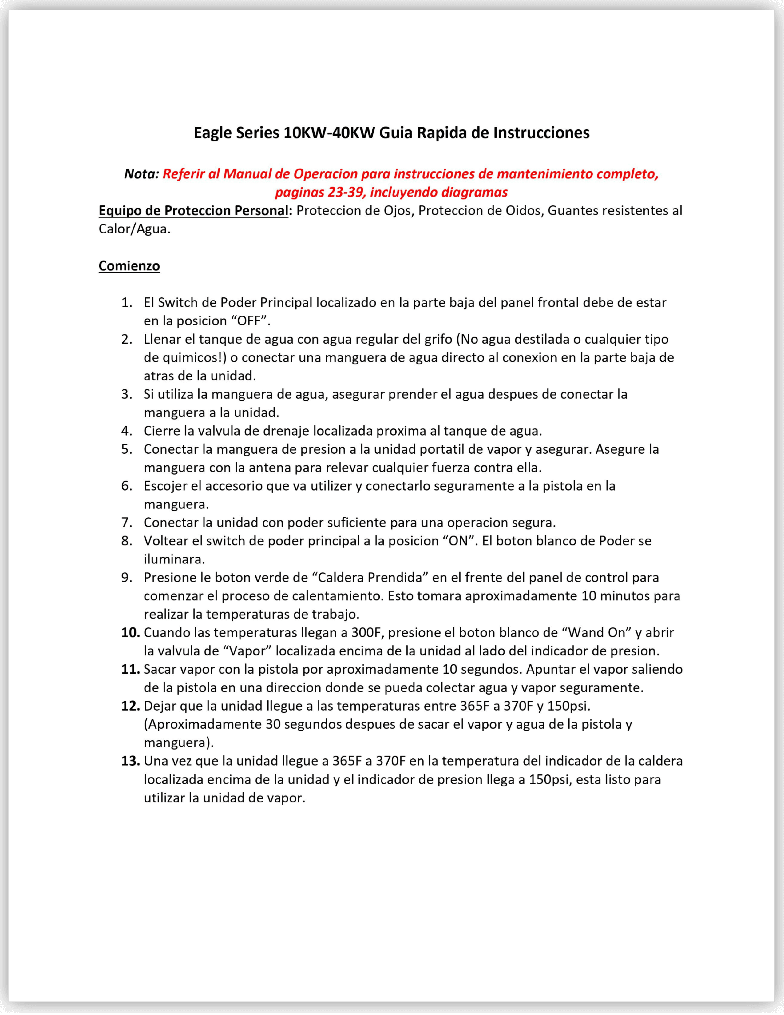 Eagle Series 10KW-40KW Guia Rapida de Instrucciones Eagle Series 10KW-40KW Guia Rapida de Instrucciones